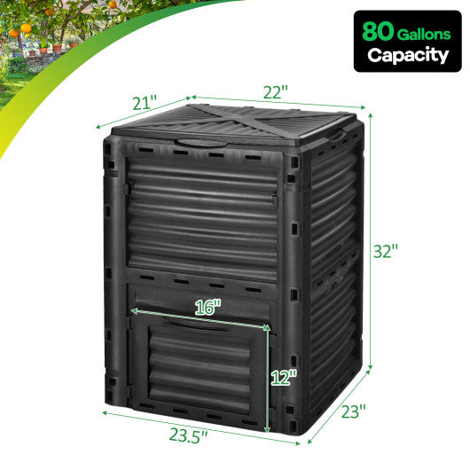 80-Gallon Outdoor Composter with Large Openable Lid and Bottom Exit Door-Black