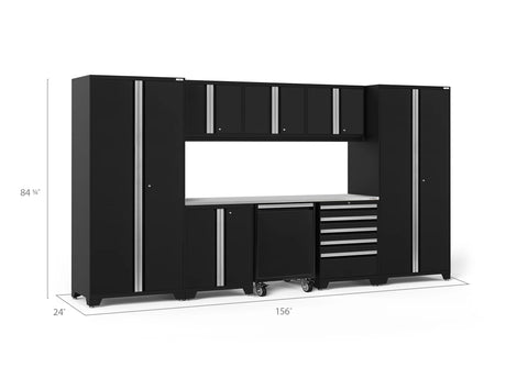 Pro Series 9 Piece Cabinet Set with Wall, Base, Tool Drawer Cabinet, Lockers, Utility Cart and 84 In. Worktop