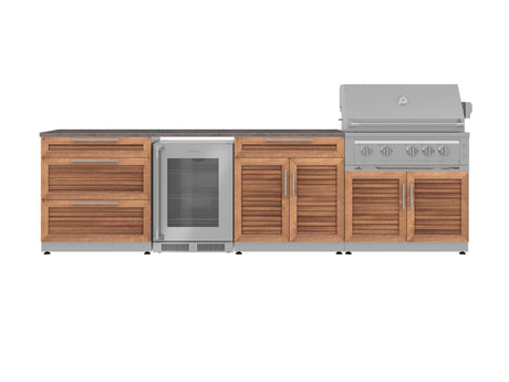 Outdoor Kitchen Stainless Steel 7 Piece Cabinet Set with 3-Drawer, Bar, Grill Cabinet, Platinum Grill, Countertop, and Glass Door Fridge