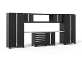 Pro Series 9 Piece Cabinet Set with Wall, Base, Tool Drawer Cabinet, 56 In. Integrated Shelf and 112 In. Worktop