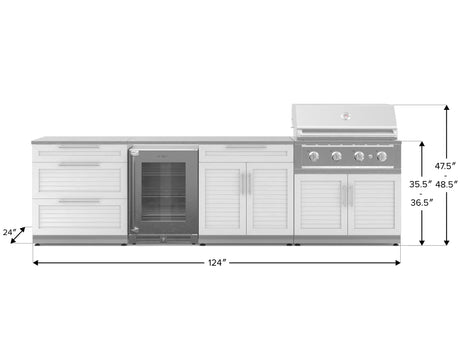 Outdoor Kitchen Stainless Steel 7 Piece Cabinet Set with 3-Drawer, Bar, Grill Cabinet, Performance Grill, Countertops, and Glass Door Fridge