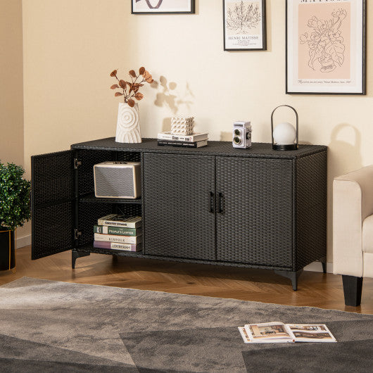 84 Gallon Patio Wicker Deck Box 3-Door PE Rattan Storage Container with Removable Shelves-Black