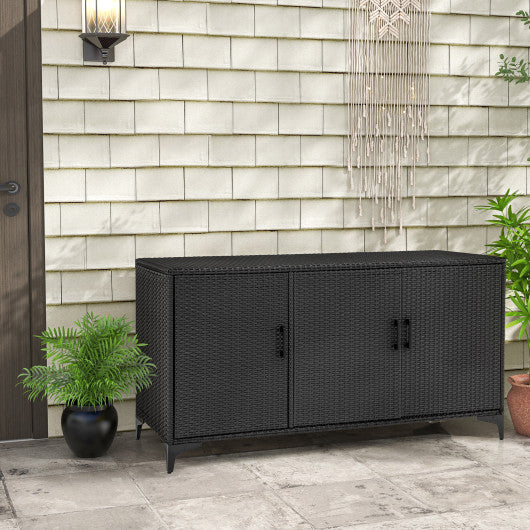 84 Gallon Patio Wicker Deck Box 3-Door PE Rattan Storage Container with Removable Shelves-Black