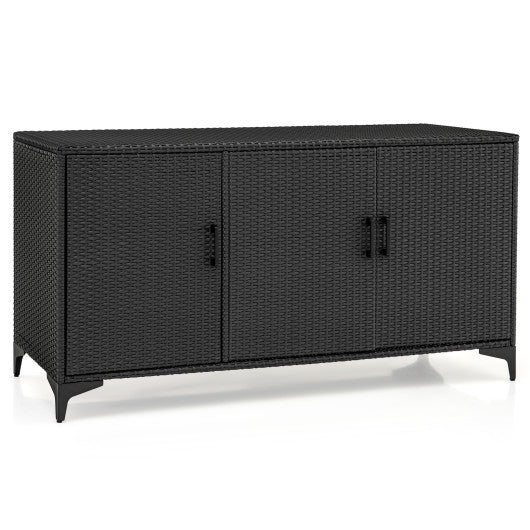 84 Gallon Patio Wicker Deck Box 3-Door PE Rattan Storage Container with Removable Shelves-Black