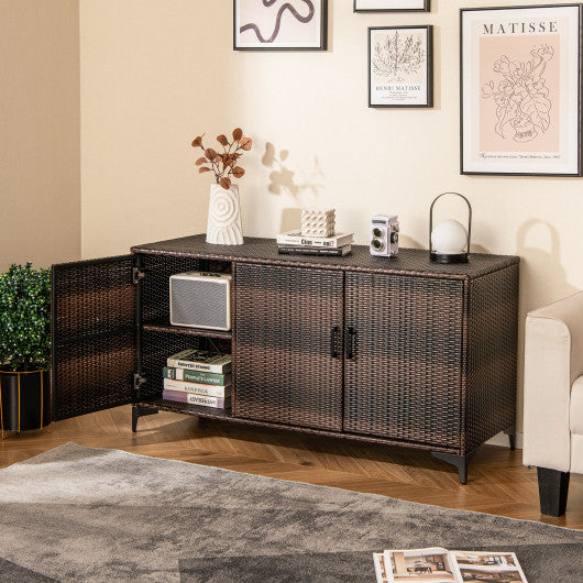 84 Gallon Patio Wicker Deck Box 3-Door PE Rattan Storage Container with Removable Shelves-Brown