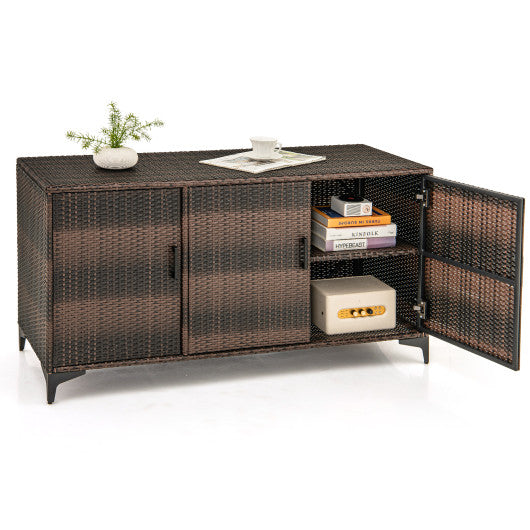 84 Gallon Patio Wicker Deck Box 3-Door PE Rattan Storage Container with Removable Shelves-Brown