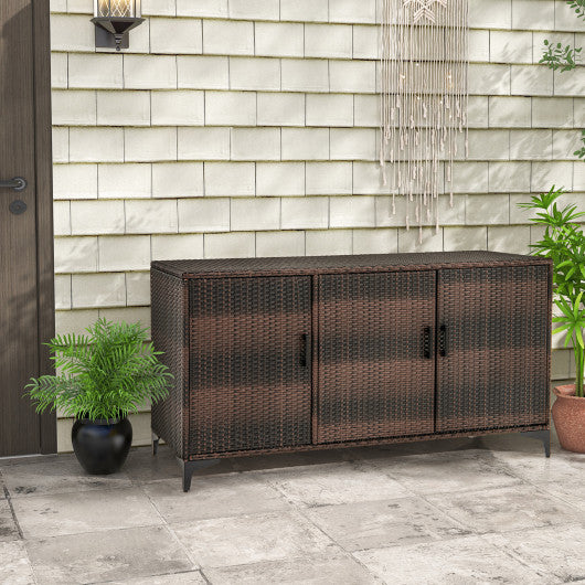 84 Gallon Patio Wicker Deck Box 3-Door PE Rattan Storage Container with Removable Shelves-Brown