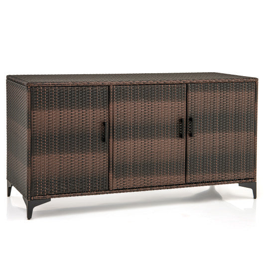 84 Gallon Patio Wicker Deck Box 3-Door PE Rattan Storage Container with Removable Shelves-Brown