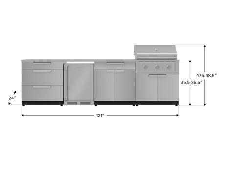 Outdoor Kitchen Stainless Steel 7 Piece Cabinet Set with 3-Drawer, Bar, Grill Cabinet, Performance Grill, Countertop, and Stainless Steel Door Fridge