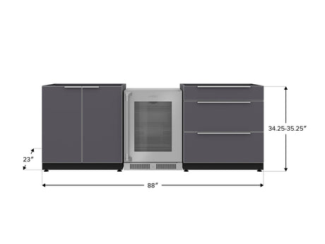 Outdoor Kitchen Aluminum 3 Piece Cabinet Set with 3-Drawer, 2-Door Cabinet and Fridge