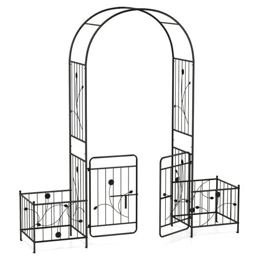 87 Inches Garden Arbor with Lockable Gate Side Planters-Black