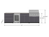 Outdoor Kitchen Aluminum 7 Piece Cabinet Set with 3-Drawer, Bar, Grill Cabinet, Performance Grill, Countertops and Glass Door Fridge