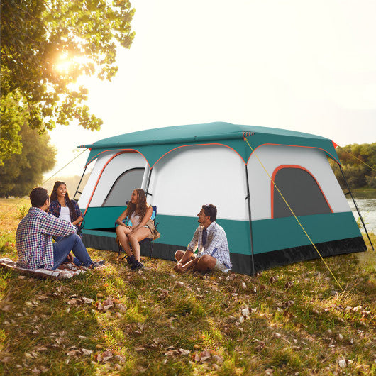8-10 Person Camping Tent with Double Rooms and 2 Doors-Green