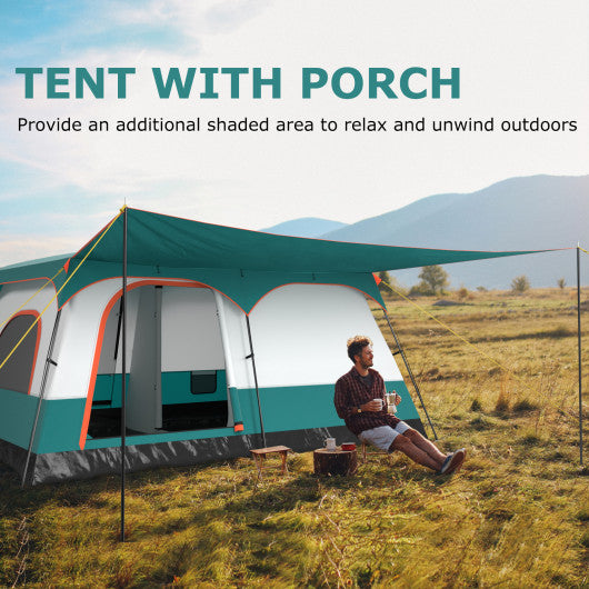 8-10 Person Camping Tent with Double Rooms and 2 Doors-Green
