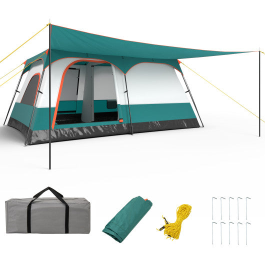 8-10 Person Camping Tent with Double Rooms and 2 Doors-Green