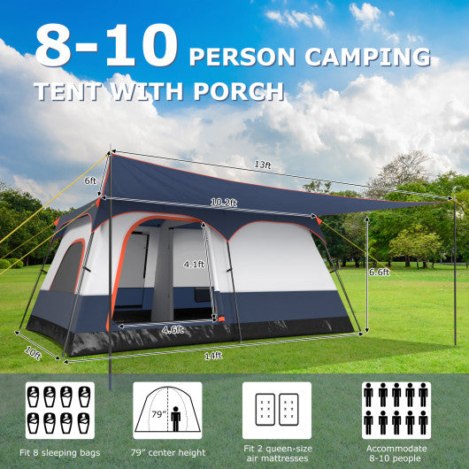 8-10 Person Camping Tent with Double Rooms and 2 Doors-Navy