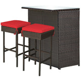 3PCS Patio Rattan Wicker Bar Table Stools Dining Set-Red