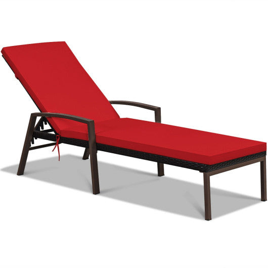 Patio Rattan Lounge Chaise Recliner with Back Adjustable Cushioned-Red