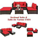 5 Pcs Outdoor Patio Rattan Furniture Set Sectional Conversation with Navy Cushions-Red