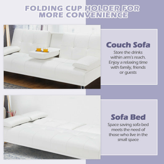 Convertible Folding Leather Futon Sofa with Cup Holders and Armrests-White