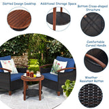 3 Pieces Patio Rattan Furniture Set with Washable Cushion and Acacia Wood Tabletop-Blue