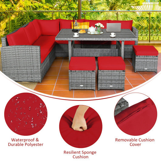 7 Pieces Patio Rattan Dining Furniture Sectional Sofa Set with Wicker Ottoman-Red