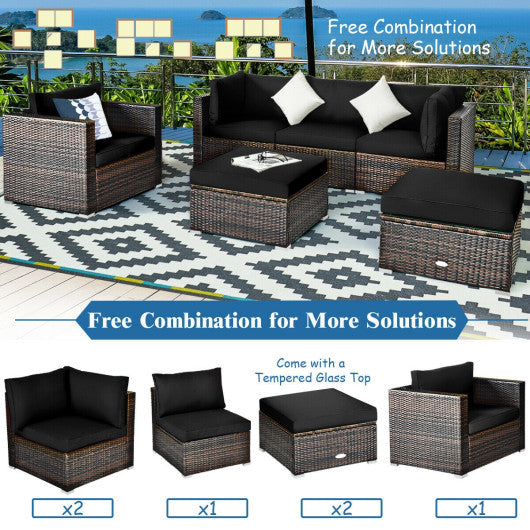 6 Pcs Patio Rattan Furniture Set with Sectional Cushion-Black