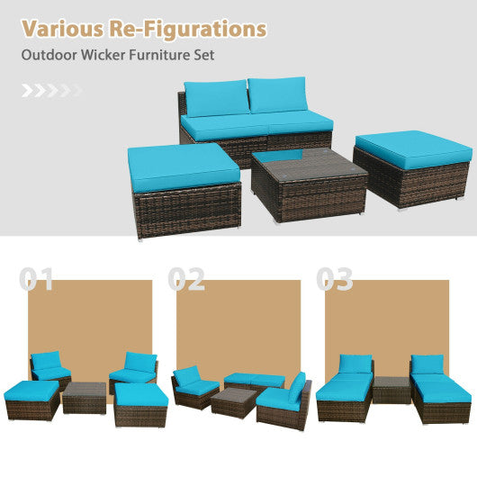 5 Pieces Patio Rattan Furniture Set with Cushioned Armless Sofa-Turquoise