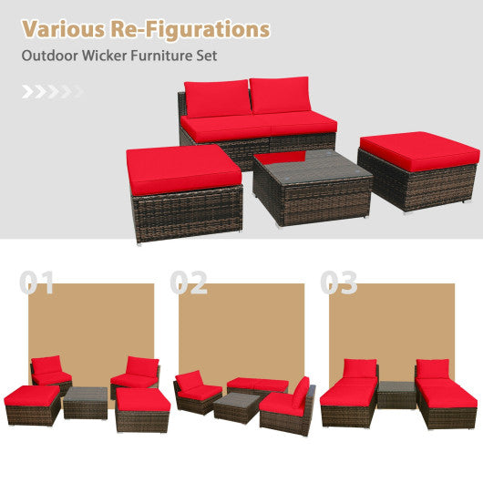 5 Pieces Patio Rattan Furniture Set with Cushioned Armless Sofa-Red