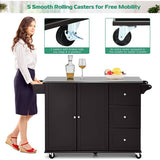 Kitchen Island 2-Door Storage Cabinet with Drawers and Stainless Steel Top-Dark Brown