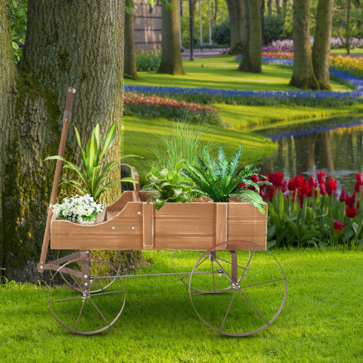 Wooden Wagon Plant Bed With Wheel for Garden Yard-Brown