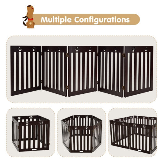 24 Inch Folding Wooden Freestanding Dog Gate with 360° Flexible Hinge for Pet-Dark Brown
