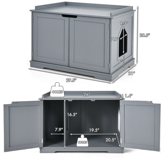Cat Litter Box Enclosure with Double Doors for Large Cat and Kitty-Gray