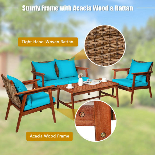 4 Pieces Acacia Wood Patio Rattan Furniture Set-Turquoise