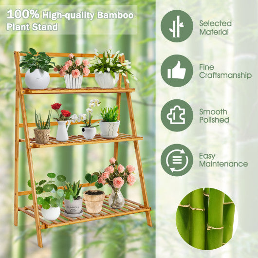 3-Tier Bamboo Foldable Plant Stand with Display Shelf Rack-Natural