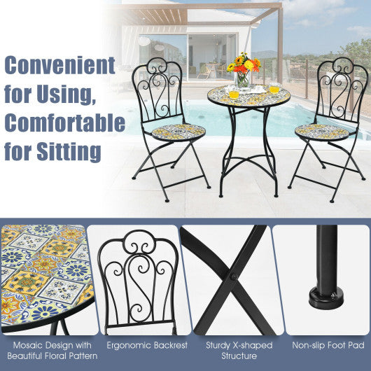 3 Pieces Patio Bistro Mosaic Design Set with Folding Chairs and Round Table