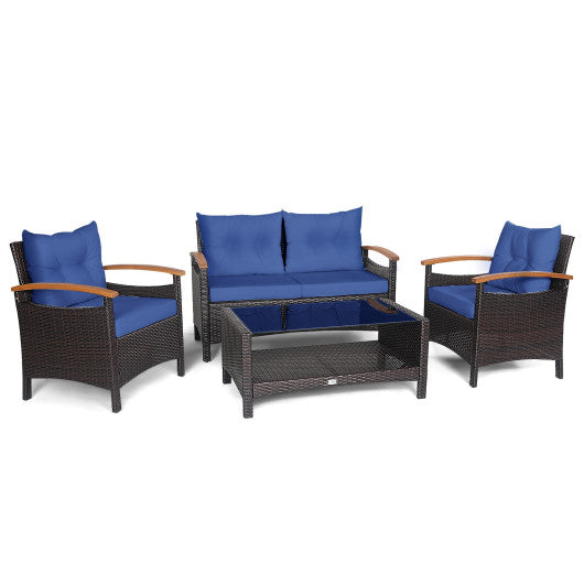 4 Pieces Patio Rattan Furniture Set with Cushioned Sofa and Storage Table-Navy