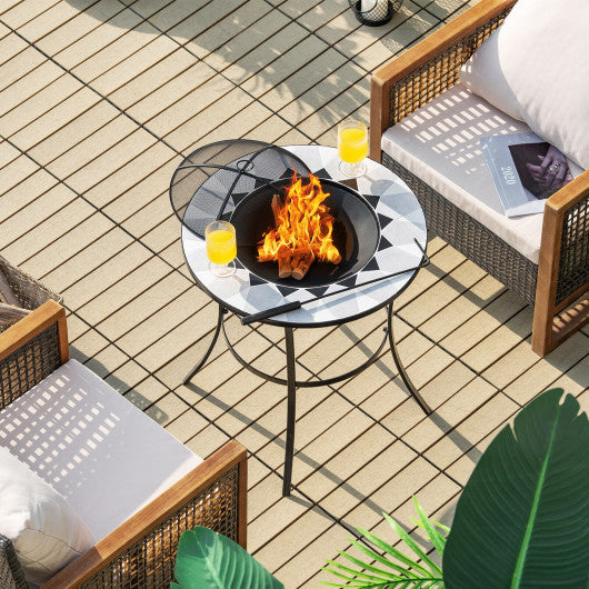 23.5 Inches Round Fire Pit Table with Mesh Cover and Fire Poker