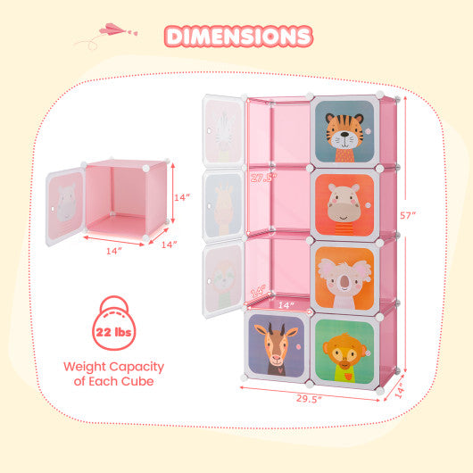 8-Cube Kids Wardrobe Closet with Clothes Hanging Section and Doors-Pink