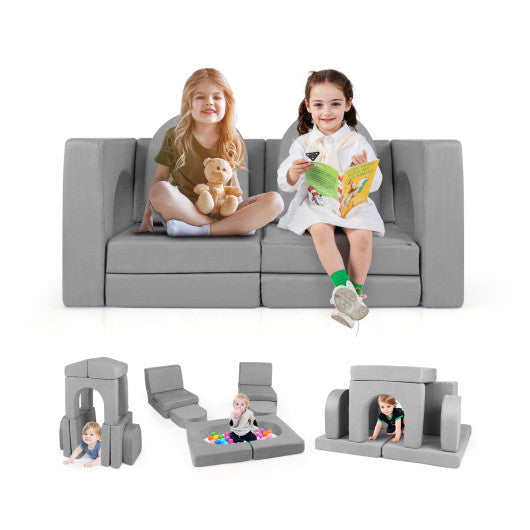 8-Piece Modular Kids Play Couch with Comfy Suede Fabric-Gray
