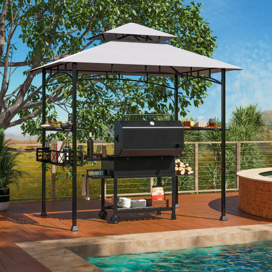 8 x 5 Feet Outdoor Grill Gazebo with 2 Side Shelves and 10 Hooks-Gray