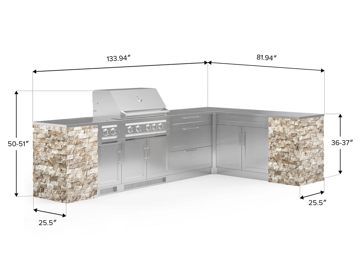 Outdoor Kitchen Signature Series 11 Piece L Shaped Cabinet Set with 3 Drawer, Bar, Dual Side Burner, Grill and Grill Cabinet