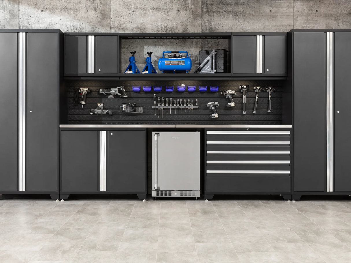 Pro Series 9 Piece Cabinet Set with Wall, Tool Drawer Cabinet, Lockers, and Stainless Steel Door Fridge