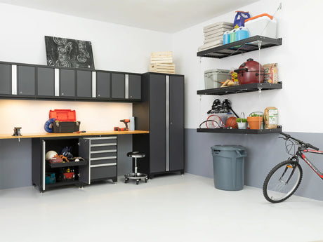 Pro Series 9 Piece Cabinet Set with Wall, Base, Tool Drawer Cabinet, 56 In. Integrated Shelf and 112 In. Worktop