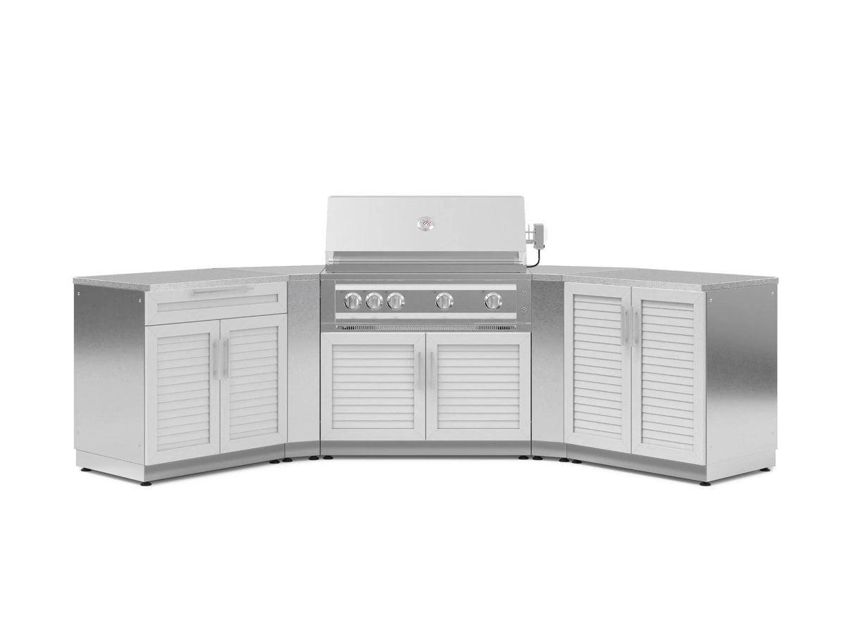 Outdoor Kitchen Stainless-Steel 7 Piece Cabinet Set with 2 Door, Bar, Corner, Grill Cabinet, Platinum Grill, and Countertops