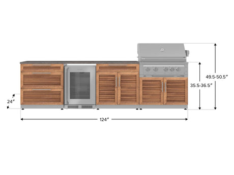 Outdoor Kitchen Stainless Steel 7 Piece Cabinet Set with 3-Drawer, Bar, Grill Cabinet, Platinum Grill, Countertop, and Glass Door Fridge