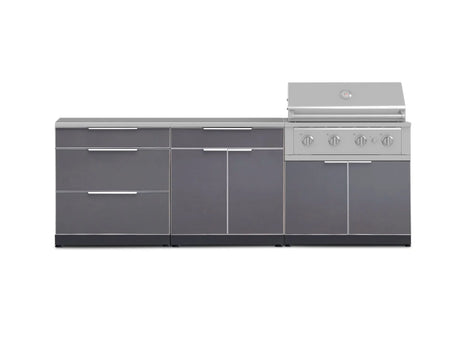 Outdoor Kitchen Aluminum 5 Piece Cabinet Set with 3 Drawer, Bar, Grill Cabinet, Performance Grill and Countertop