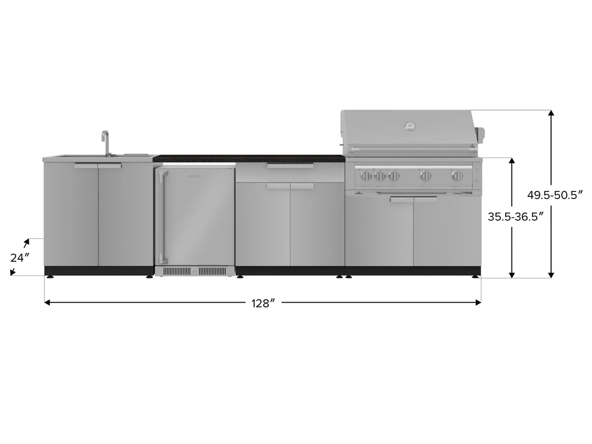 Outdoor Kitchen Stainless Steel 6 Piece Cabinet Set with Sink, Bar, Grill Cabinet, Platinum Grill, Countertop and Stainless Steel Door Fridge