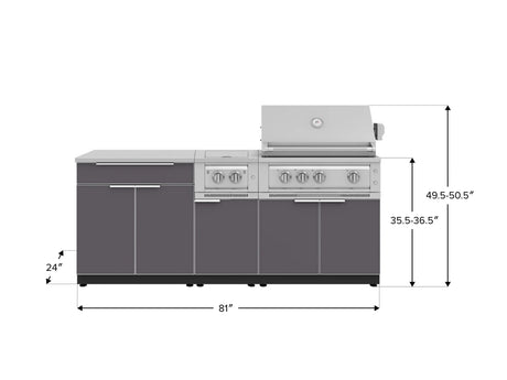 Outdoor Kitchen Aluminum 6 Piece Cabinet Set with Platinum Grill, Dual Side Burner, Bar and Grill Cabinet and Stainless Steel Countertop