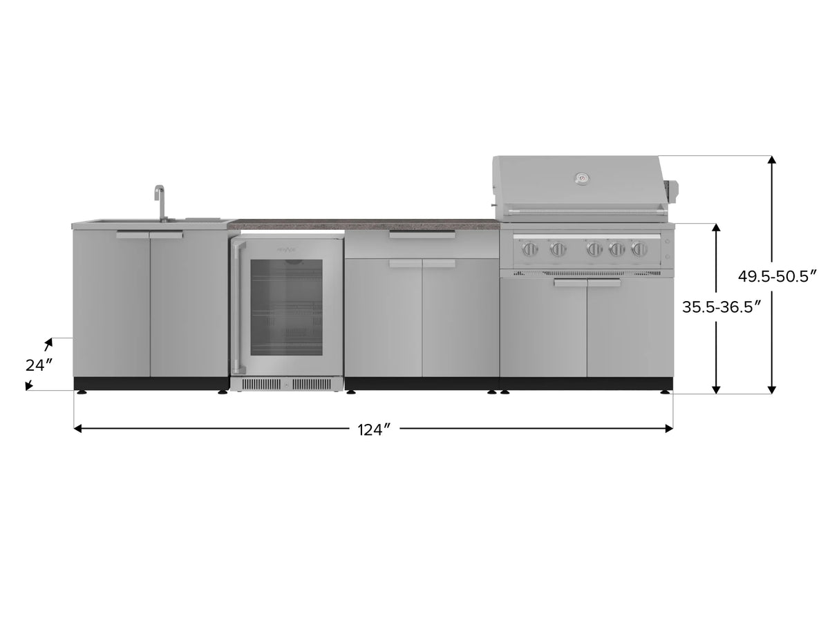 Outdoor Kitchen Stainless Steel 6 Piece Cabinet Set with Sink, Bar, Grill Cabinet, Platinum Grill, Countertop and Glass Door Fridge